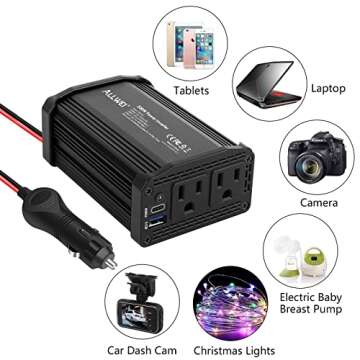 ALLWEI 300W Car Power Inverter DC 12V to 110V AC for Vehicles Converter USB-C PD65W/18W Fast Charging Ports Car Charger Adapter (Black)