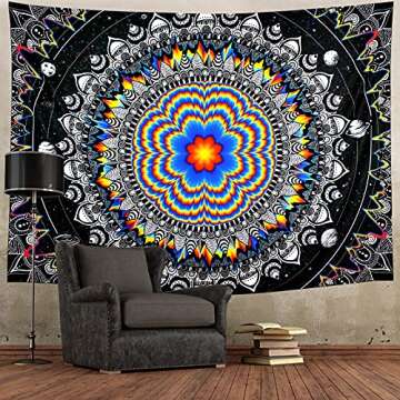 Amonercvita Trippy Mandala Tapestry Psychedelic Black and White Tapestry Hippie Celestial Space Tapestry Bohemian Boho Tapestry Wall Hanging for Living Room