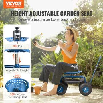 VEVOR Rolling Garden Work Seat with Wheels, Gardening Stool for Planting, 360 Degree Swivel Seat, Ga...