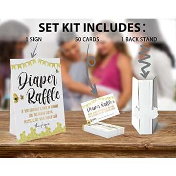 Diaper Raffle Cards with Sign(Sign 8x10 Inch), Bee Honey Theme Baby Shower Games, Baby Showers Decorations -1 Standing Sign + 50 Guessing Cards(raffle39)