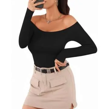 MANGOPOP Off The Shoulder Long Sleeve Bodysuit for Women