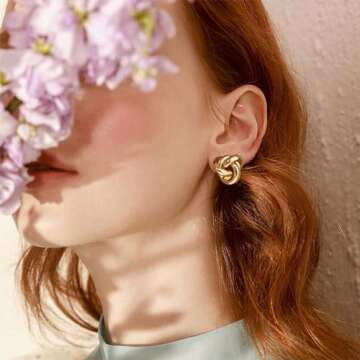 Chunky Gold Earrings for Women Gold Knot Earrings for Women Statement Earrings Gold Geometric EarringsThick Earrings Trendy Twisted Link Earring Gold Vintage Earrings(gold ball)