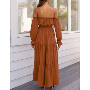 ZESICA Women's 2025 Boho Sexy Off Shoulder Long Sleeve Smocked High Waist Side Split Flowy A Line Tiered Long Maxi Dress,Caramel,Medium