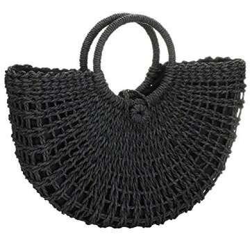 EROUGE Natural Chic Straw Bag Hand Woven Round Handle Handbags Retro Summer Beach Bag Beach Bag(Black)