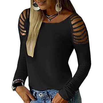 Cicy Bell Women Long Sleeve Casual Hollow Out Shoulder Sexy T-Shirt Slim Stretchy Solid Color Blouse...