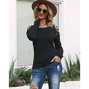 Cicy Bell Women Long Sleeve Casual Hollow Out Shoulder Sexy T-Shirt Slim Stretchy Solid Color Blouse Tops (Black,Small)