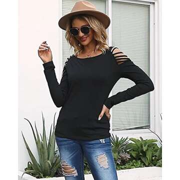 Cicy Bell Women Long Sleeve Casual Hollow Out Shoulder Sexy T-Shirt Slim Stretchy Solid Color Blouse Tops (Black,Small)