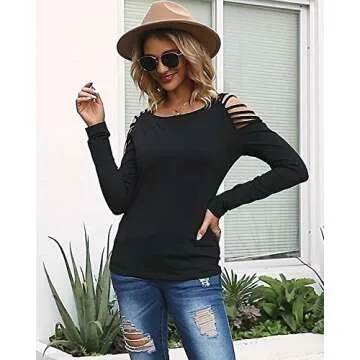 Cicy Bell Women Long Sleeve Casual Hollow Out Shoulder Sexy T-Shirt Slim Stretchy Solid Color Blouse Tops (Black,Small)