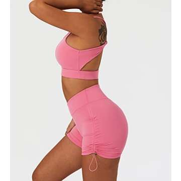 ABOCIW Workout Sets for Women, Sexy High Neck Twisted Multis Strap Sport Bra V Cross Waist Ruched High Waist Mini Shorts 2 Piece Gym Yoga Outfits Tracksuit Activewear 05 Pink Small