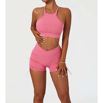 ABOCIW Workout Sets for Women, Sexy High Neck Twisted Multis Strap Sport Bra V Cross Waist Ruched High Waist Mini Shorts 2 Piece Gym Yoga Outfits Tracksuit Activewear 05 Pink Small