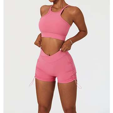 ABOCIW Workout Sets for Women, Sexy High Neck Twisted Multis Strap Sport Bra V Cross Waist Ruched High Waist Mini Shorts 2 Piece Gym Yoga Outfits Tracksuit Activewear 05 Pink Small