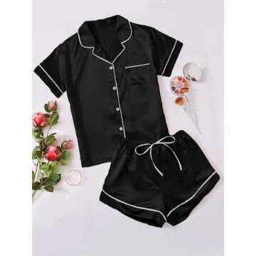 Verdusa Women's 2pc Satin Nightwear Button Front Sleepwear Short Sleeve Pajamas Set