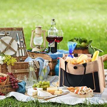 Reginary 8 Pcs Burlap Tote Bags Bulk Large Jute Tote Bags with Handles Reusable Canvas Gift Bags for Wedding Travel(Black)