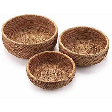 YANGQIHOME Natural Rattan Round Fruit Basket Bowls, Handwoven Storage Serving Baskets, Wicker Organi...