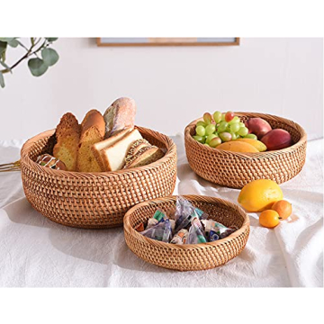 YANGQIHOME Natural Rattan Round Fruit Basket Bowls, Handwoven Storage Serving Baskets, Wicker Organizer for Dinning Room (Set of 3)