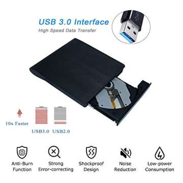Xglysmyc USB 3.0 External CD/DVD Drive,Ultra-Thin Touch Portable High-Speed Data Transfer CD/DVD-RW Burner Player for Desktop Laptop Ultrabook Support Windows XP/7/8/10/Vista,Mac OS-Black