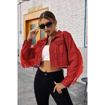 HOTLOOX Cowgirl Outfits for Women Fringe Jacket Button Down Long Sleeve Cropped Denim Jean Jacket with Pockets Red L