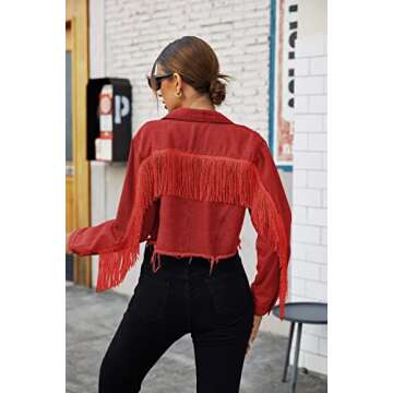 HOTLOOX Cowgirl Outfits for Women Fringe Jacket Button Down Long Sleeve Cropped Denim Jean Jacket with Pockets Red L