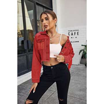 HOTLOOX Cowgirl Outfits for Women Fringe Jacket Button Down Long Sleeve Cropped Denim Jean Jacket with Pockets Red L