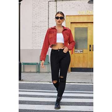 HOTLOOX Cowgirl Outfits for Women Fringe Jacket Button Down Long Sleeve Cropped Denim Jean Jacket with Pockets Red L