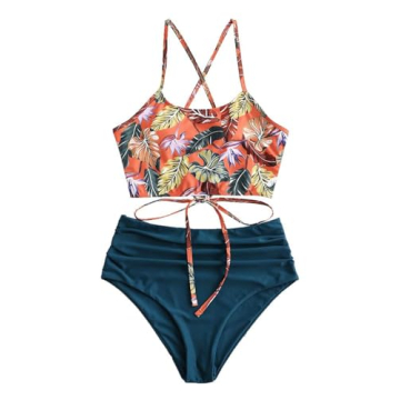 ZAFUL Women's Floral Crisscross Ruched High Waisted Bikini Set - Peacock Blue