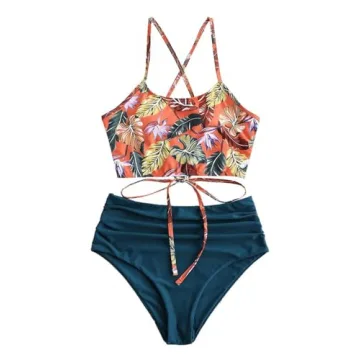 ZAFUL Women's Floral Crisscross Ruched High Waisted Bikini Set - Peacock Blue