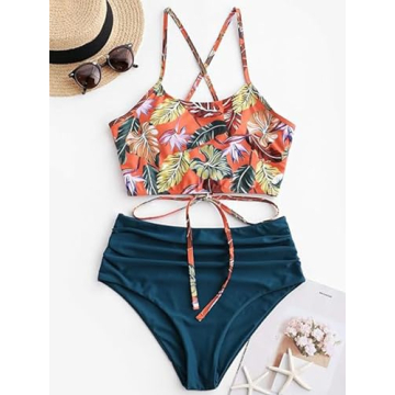ZAFUL Floral Crisscross High Waisted Bikini Set Peacock Blue