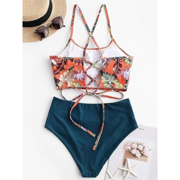 ZAFUL Floral Crisscross High Waisted Bikini Set Peacock Blue
