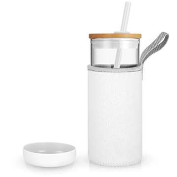 Tronco 20oz Glass Tumbler with Straw and Bamboo Lid - Nylon Bottle Protection Sleeves,Stylish Smooth...