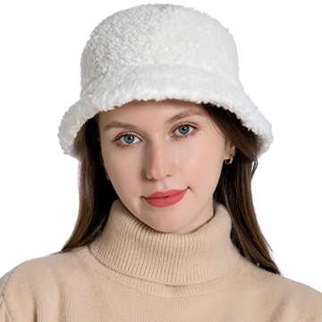 Women's Winter Bucket Hat - Vintage Cloche Style Faux Fur Wool Outdoor Packable Fisherman Cap - Whit...