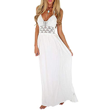 LILBETTER Women's Beach Crochet Backless Bohemian Halter Maxi Long Dress (White,Small)