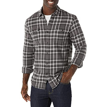 Amazon Essentials Men's Flannel Shirts, Long-Sleeve, Slim-Fit, Two-Pocket, Plaid, Large, Grey Plaid
