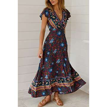 PRETTYGARDEN Women's Casual Long Summer Dresses Boho Floral Wrap V Neck Short Sleeve Split Maxi Beac...