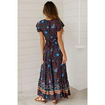 PRETTYGARDEN Women's Casual Long Summer Dresses Boho Floral Wrap V Neck Short Sleeve Split Maxi Beach Dress (Navy,Large)