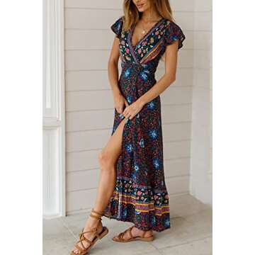 PRETTYGARDEN Women's Casual Long Summer Dresses Boho Floral Wrap V Neck Short Sleeve Split Maxi Beach Dress (Navy,Large)