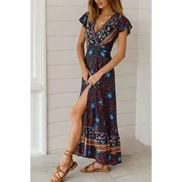 PRETTYGARDEN Women's Casual Long Summer Dresses Boho Floral Wrap V Neck Short Sleeve Split Maxi Beach Dress (Navy,Large)