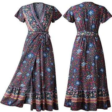 PRETTYGARDEN Women's Casual Long Summer Dresses Boho Floral Wrap V Neck Short Sleeve Split Maxi Beach Dress (Navy,Large)