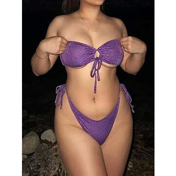 ZAFUL Women's Bandeau Bikini Set Tie Side Swimwear Metallic Glitter Sparkle Cinched Strapless Swimsu...