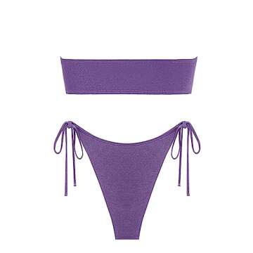 ZAFUL Women's Bandeau Bikini Set Tie Side Swimwear Metallic Glitter Sparkle Cinched Strapless Swimsuit