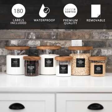 Black Labels for Containers, 180 Kitchen Labels for Food Storage Container Labels, Pantry Labels for Food Containers, Organize Pantry Essentials Canister Labels, Food Labels for Containers
