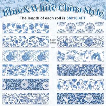 Whaline 12 Rolls Blue Floral Washi Tape - Elegant Decorative Paper Tape for Crafts
