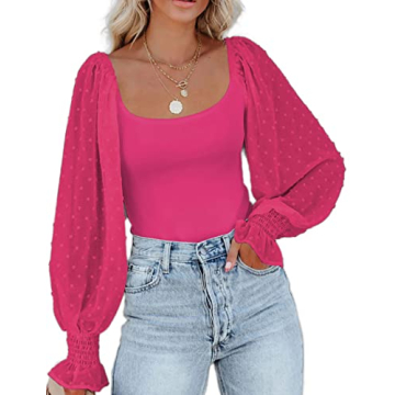Zeagoo Elegant Square Neck Top Bodysuit for Women with Mesh Sleeve