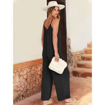 ANRABESS Women Summer Casual Sleeveless Spaghetti Strap Boho Wide Leg Jumpsuits Rompers Dressy 2025 Trendy Outfits Clothes Black Small