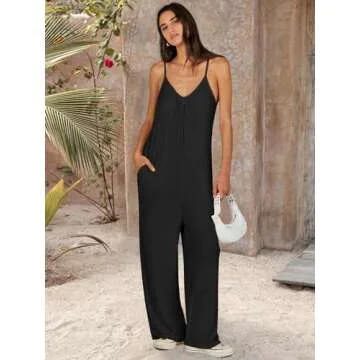ANRABESS Women Summer Casual Sleeveless Spaghetti Strap Boho Wide Leg Jumpsuits Rompers Dressy 2025 Trendy Outfits Clothes Black Small