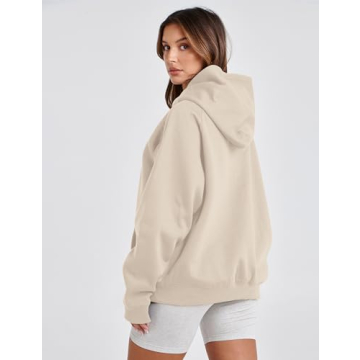 Lauweion Women Solid Basic Fleece Letter Loose Hoodie Sweatshirt Long Sleeve Kangaroo Pocket Drop Shoulder Pullovers Top
