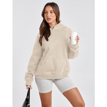 Lauweion Women Solid Basic Fleece Letter Loose Hoodie Sweatshirt Long Sleeve Kangaroo Pocket Drop Shoulder Pullovers Top