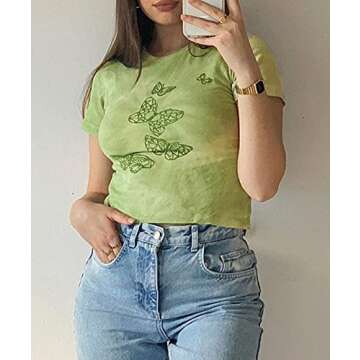 Womens Y2k Graphic Print Crop Tops Cute Kawaii Crew Neck Short Sleeve T-Shirts E-Girls Teen Summer Clothes Streetwear Green