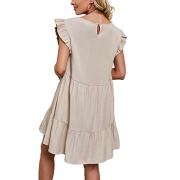 LYANER Women's Summer Ruffle Cap Sleeve Round Neck Swing Babydoll Mini Short Dress Beige Medium