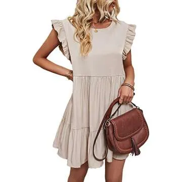 LYANER Women's Summer Ruffle Cap Sleeve Round Neck Swing Babydoll Mini Short Dress Beige Medium