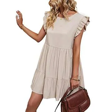 LYANER Women's Summer Ruffle Cap Sleeve Round Neck Swing Babydoll Mini Short Dress Beige Medium